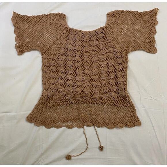 VTG 70s 80s Does 30s Handmade Crochet Peplum Sweater Top Flutter Sleeve Sz M - Picture 3 of 5